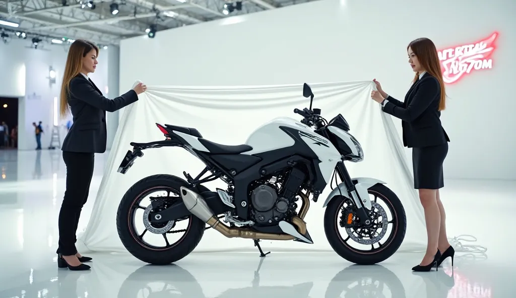 (.Kawasaki Versys 1000   )
A sleek( White )Bike  is being unveiled in a modern, white showroom.pecha farend Two  woman with beautiful clothes, one on each side, are lifting a white sheet to reveal the Bike. The side of the bike features a sharp and stylish...