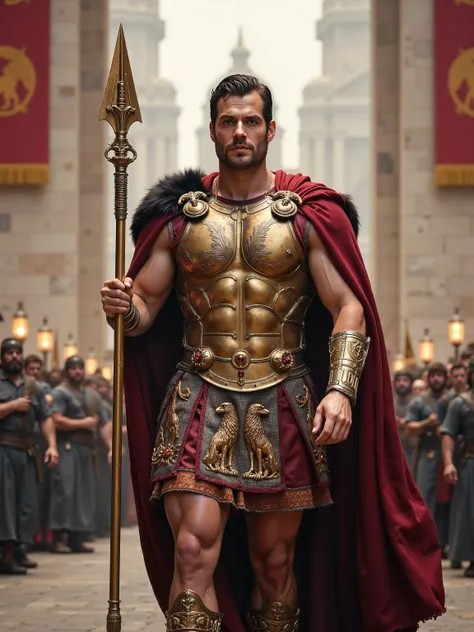 Henry Cavill reimagined as a majestic Roman god Mars walking and holding massive golden spear、dramatic atmosphere, 1 male、
Short, battle-swept dark hair, crowned with a golden war laurel, sculpted with flaming rubies, eagles, and battle scenes. Piercing bl...