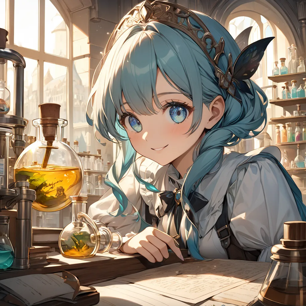 very awa, masterpiece, best quality, newest, highres, absurdres.
alphonse mucha style, fantastic painting.
europe in the 19th century, on the desk in the chemistry lab, close-up of a transparent flask bottle, In this world of fantasy in a bottle, There's a...