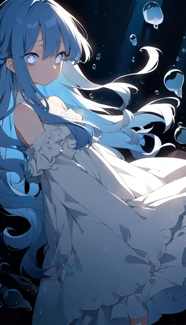 sharp focus, 1girl, perfect anatomy, (an extremely delicate and beautiful:1.37), blue hair, long hair, fluffy hair, beautiful detailed eyes, horror eyes, oversized dress, (anime:1.6), cinematic light, soft bokeh, underwater, white background, jellyfishes