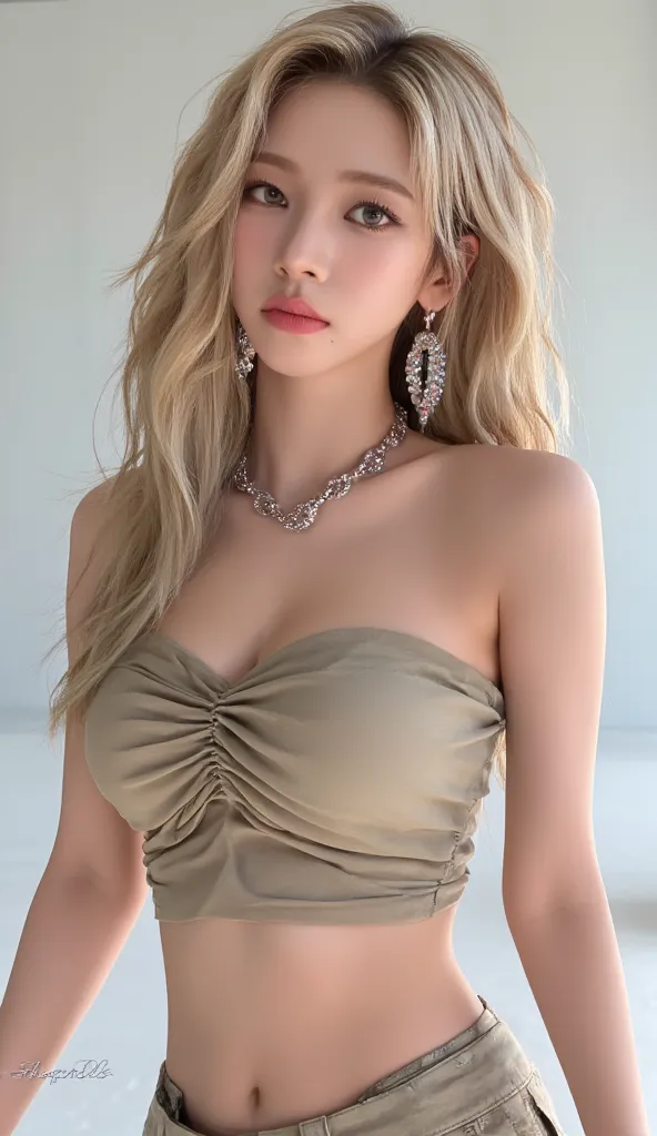 Long hair, light blonde, posing, huge breast. Sexy body. She was idol K-Pop.