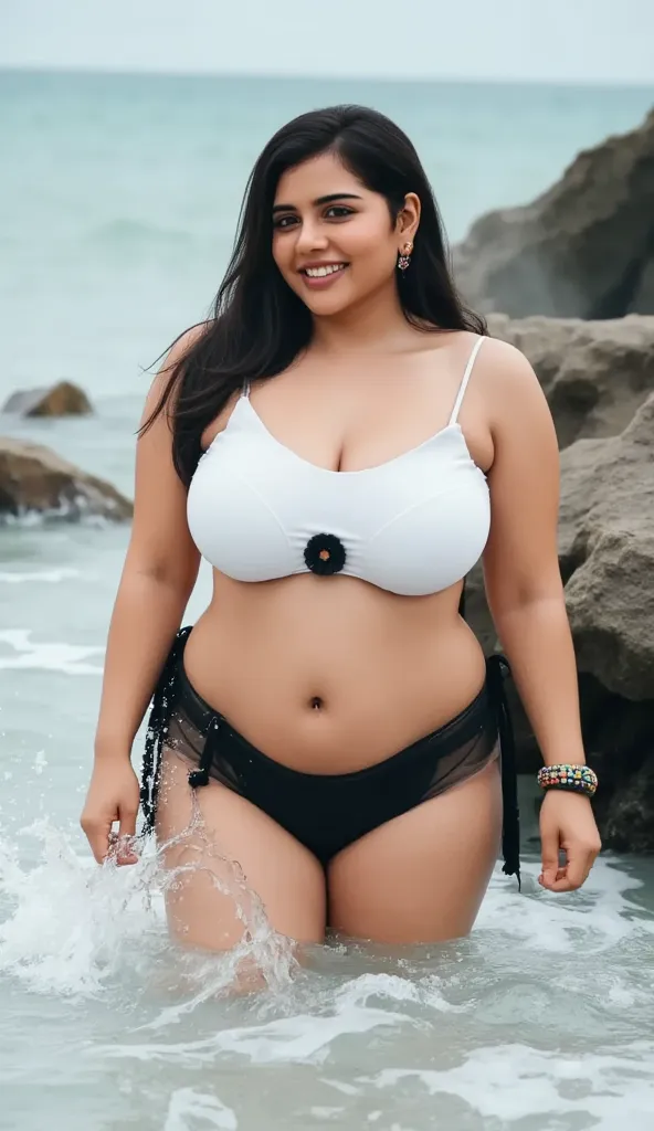 Wet Body, BUSTY, BIG , INDIAN BRIDE, full body picture , BBW Wet curvy, wet Desi Bhabhi showing her big ass  in sexy Strapless white bra with a black flower in middle of the bra,showing cleavage, wearing small white pearl necklace and white pearl earrings,...