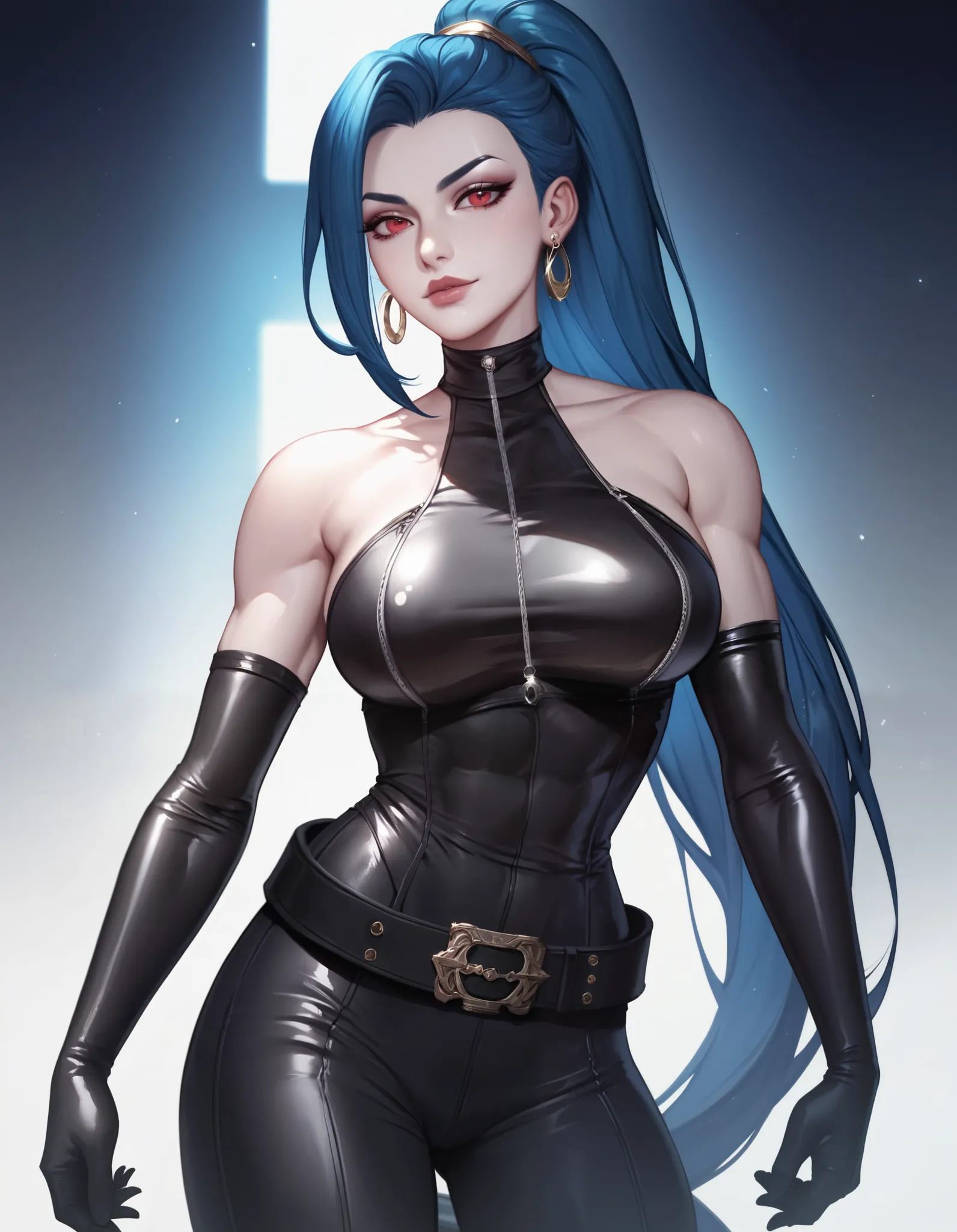 female black strapless latex bodysuit, black long tight pants, black belt, racerback, bare shoulders, long elbow gloves, black gloves, toned arms, beautiful faces, blue ponytail with showing forehead, long ponytail, earrings, soft smooth skin, pale skin, n...