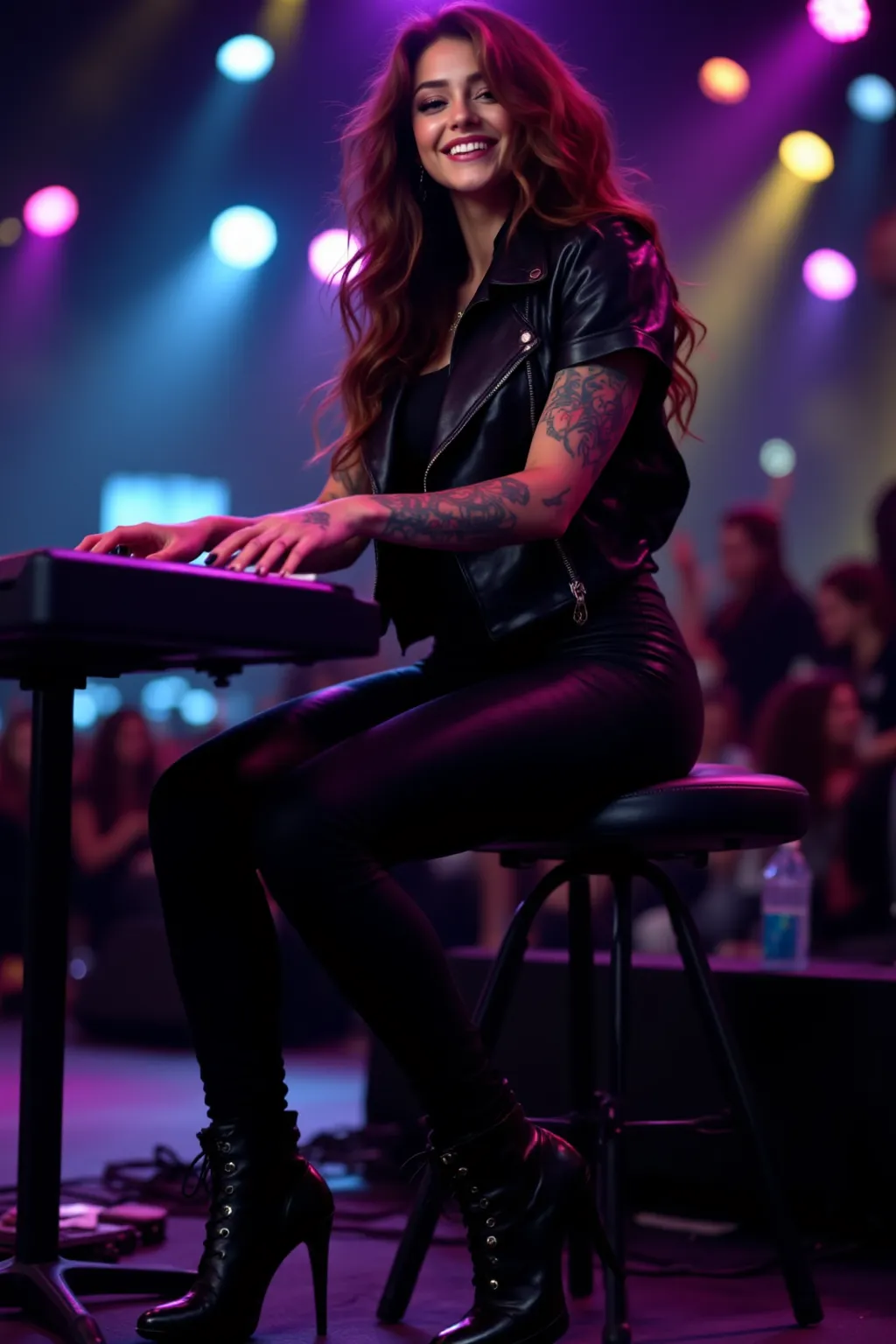 (((A beautiful, slender, slightly muscular woman with big curves),(has colorful tattoos, is wearing a tight black leather jumper, a black shirt, tight black pants, and black shoes),(With a smile))),She is playing an electronic piano on a huge stage.This is...