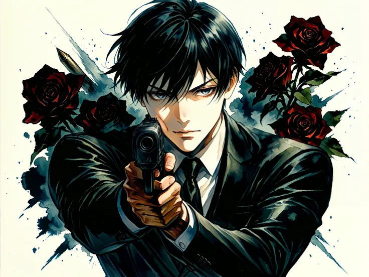 1boy ,weapon,alone,male focus,gun,traditional media,formal,suit,firing,necktie,handgun,marker (medium),black hair,holding gun,red rose,score_9,score_8_up ,(Bullet Time Dodge),(Western Gunman),aim and shoot at the counter,Age up ,(Bullets that grab the...