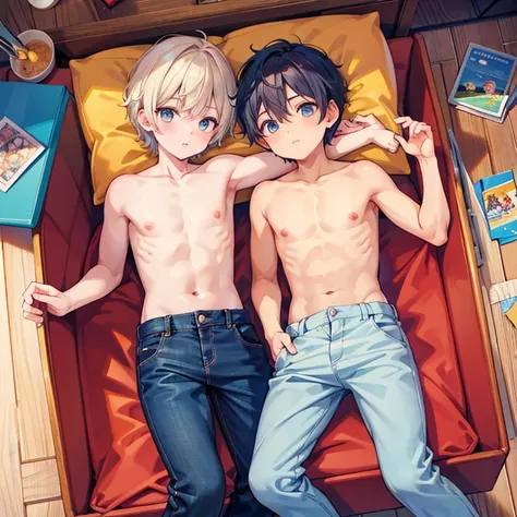 two boys relaxing in their high-waisted mom jeans shirtless colorful playhouse