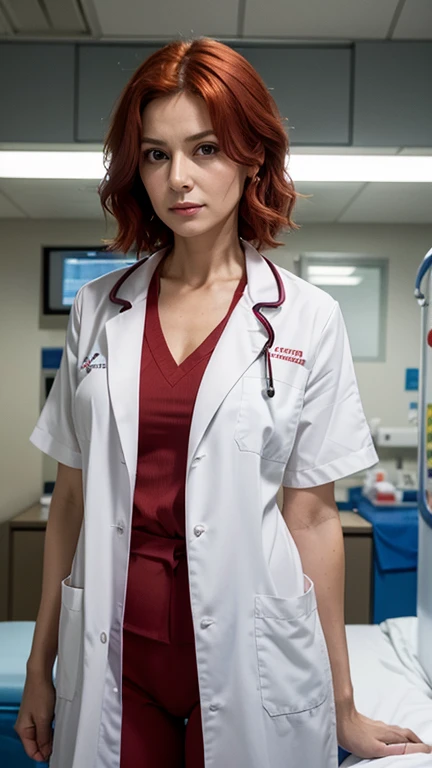  Woman, 40 years old, red hair,  medium sized perky breasts , medium size ass, dressed as a doctor, inside an ICU unit, looking at the observer 