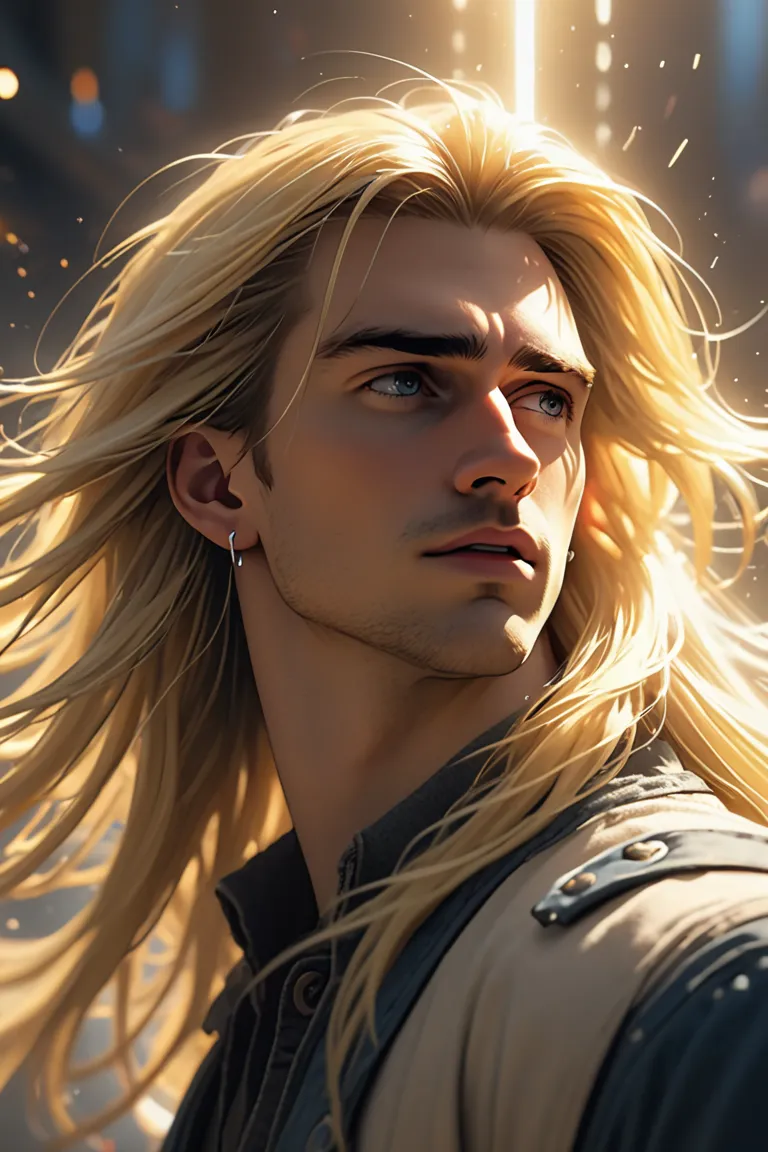 high resolution movies, earring,  Male,  very long hair, high resolution movies, precise, Blonde, Details, Detailsสูง, Detailsมาก,  8k octane render , illustration, Depth of Expression, Rays of light, blur, Mixing, 