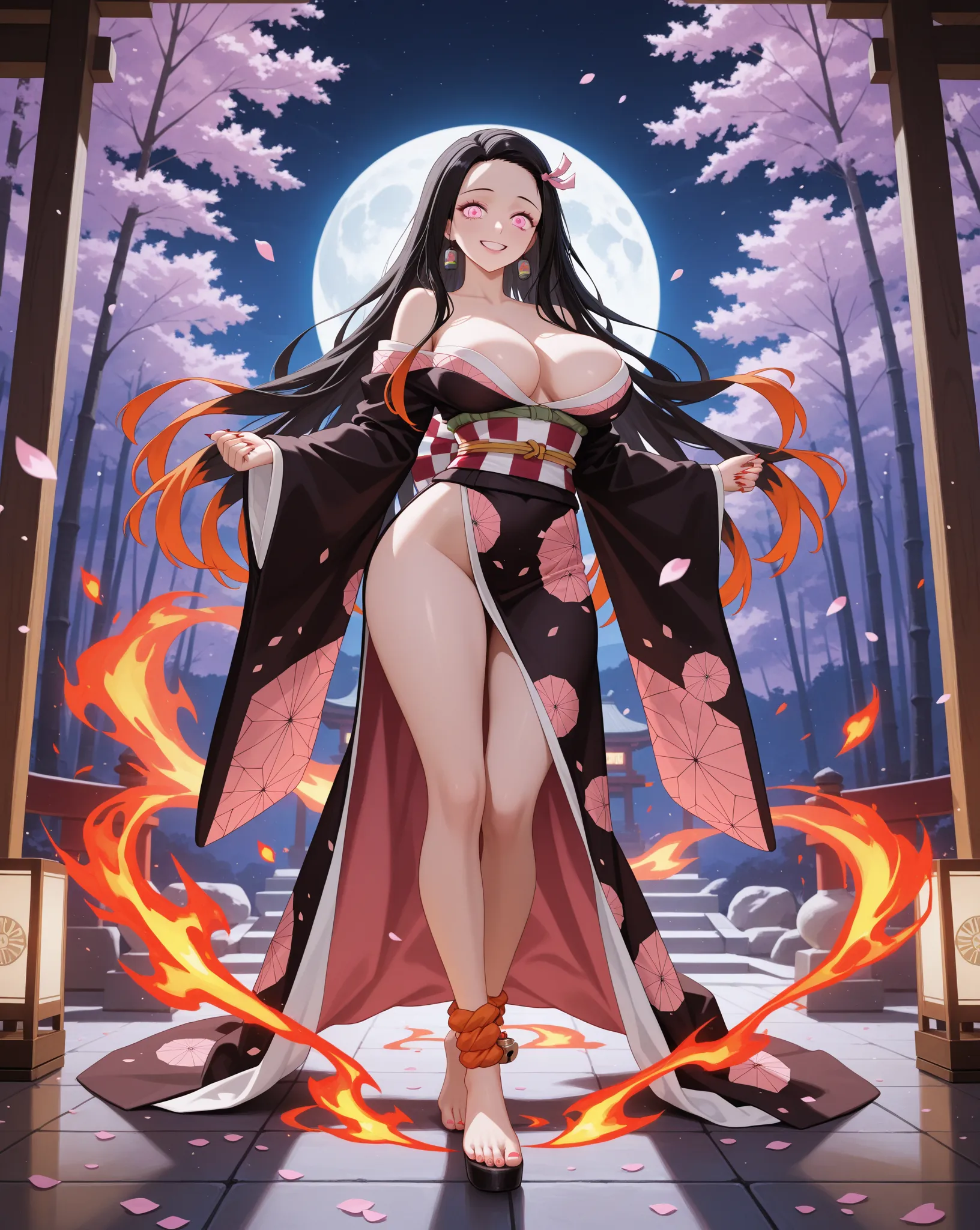 Masterpiece, ultra-high quality. A single, breathtaking Nezuko Kamado from Demon Slayer, standing beneath the full moon, her demonic aura glowing against the darkened forest. Her long, silky black hair with fiery orange tips flows wildly around her, lifted...