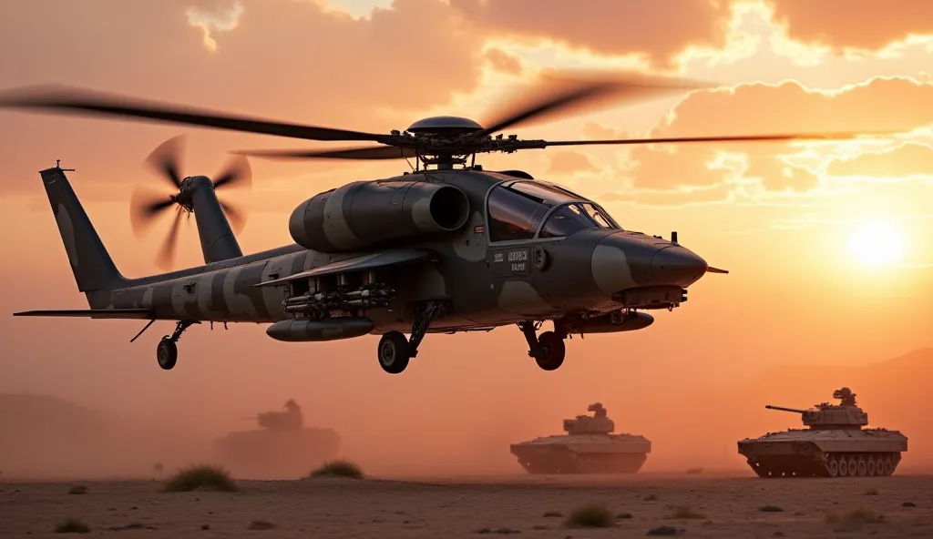  A futuristic Ka-52 Alligator attack helicopter soaring over a battlefield at sunset. The helicopter has a sleek, modern design with a dark camouflage pattern. Its coaxial rotor system is in motion, creating a slight motion blur. The helicopter is equipped...