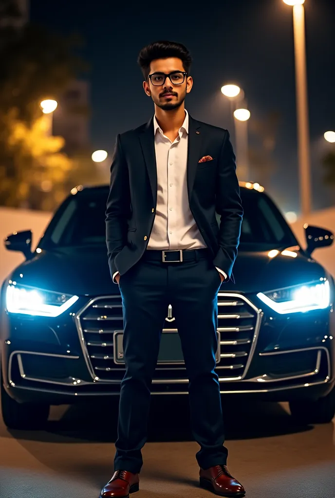 21 year old indian boy wearing formal and glasses posing for night  With Car   background 
