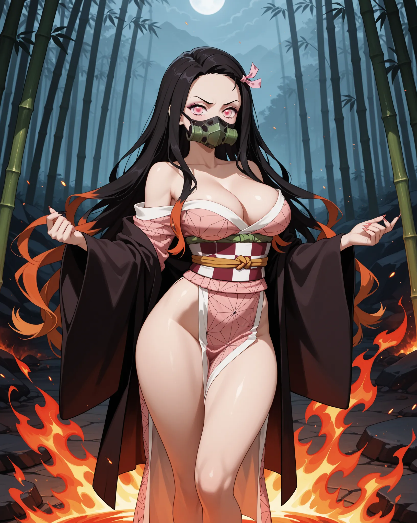 Masterpiece, ultra-high quality. A single, fierce and seductive Nezuko Kamado from Demon Slayer, standing amidst a battlefield engulfed in flames, her demonic energy pulsating through the air. Her long black hair with fiery orange tips flows chaotically, s...