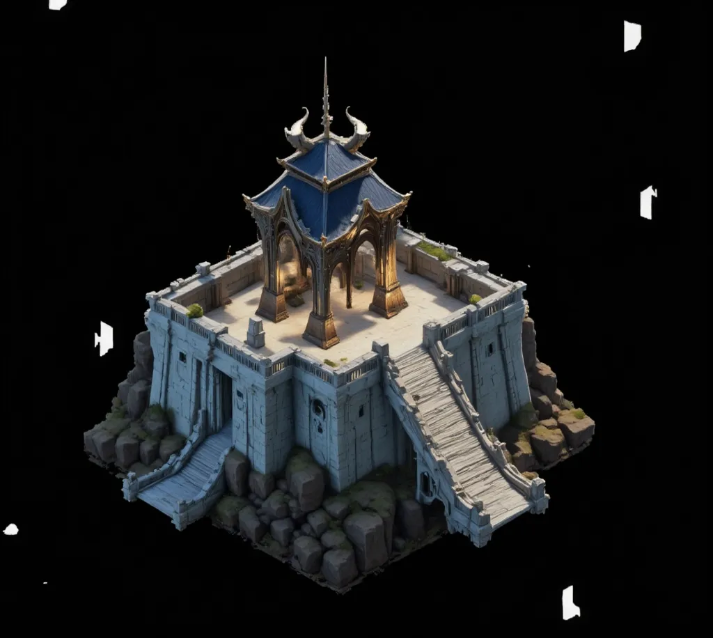 a small castle with a staircase leading up and a staircase leading inside, well-lit monolithic temple, ruined temple with lots of lighting, fortress background, game asset, isometric voxel, fortress portal, rpg temple, game image, isometric game asset, anc...