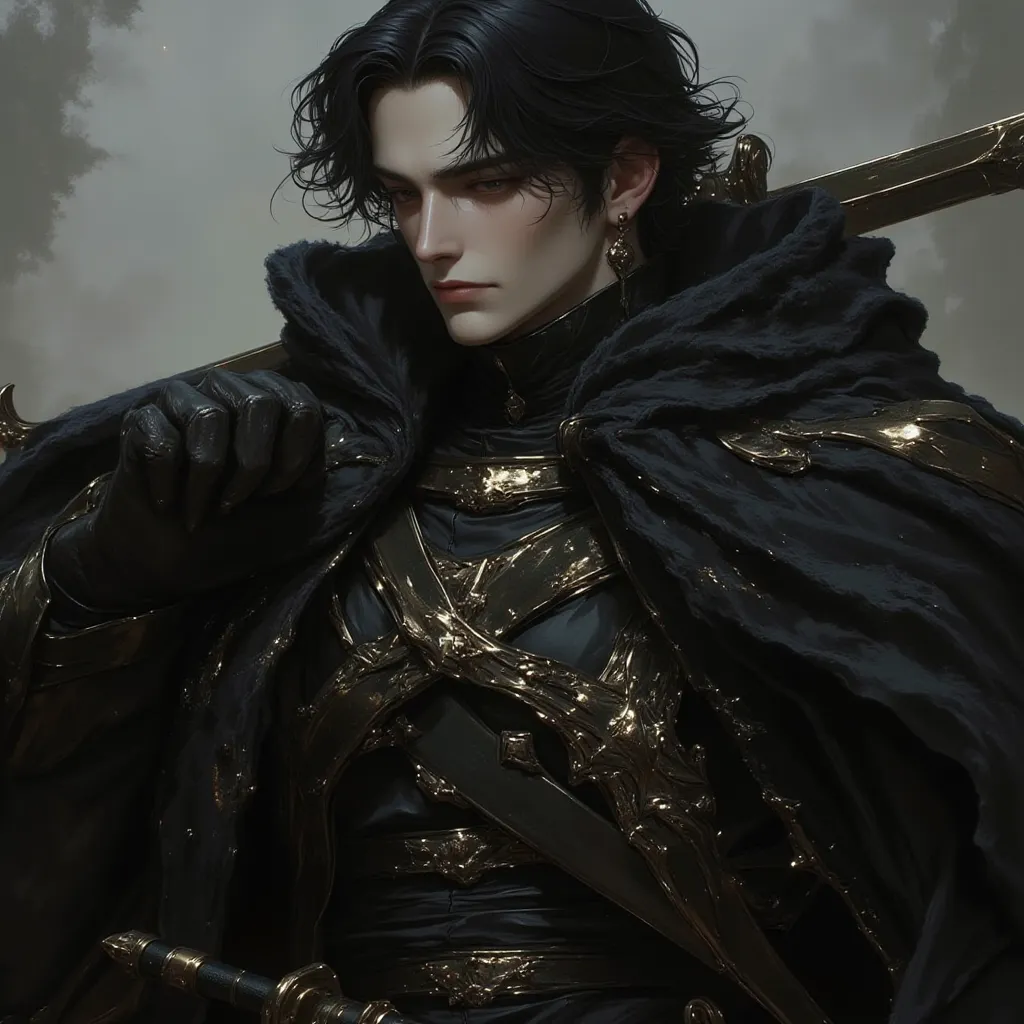 Masterpiece, best quality, upper body, young man, black eyes and black boyish hair. Long black cloak, 2 swords, warrior, warm face, kind and nice, supportive, ordinary round face, kind and friendly. Round ordinary face, sad man. Warm and kind personality.