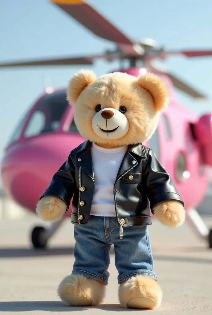 a beige teddy bear in a white t-shirt, a black leather jacket and jeans stands silently on the helipad , behind him is a bright pink helicopter