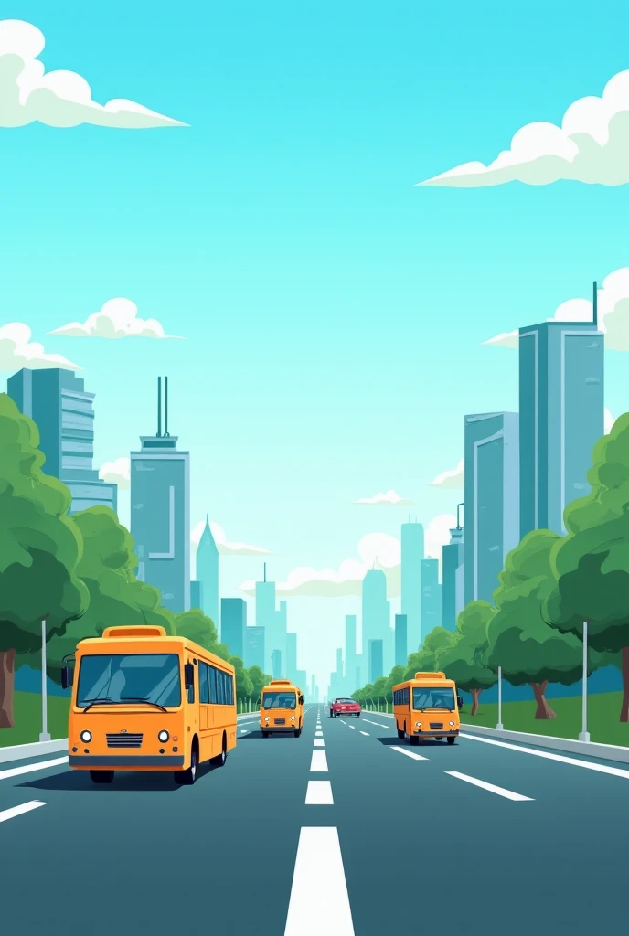 Generate a poster that looks as follows: A road through the middle (in perspective, so that the top would be a nice blue sky) - left side has traffic so the left side of the poster has smog and pollution; right side has busses and bikers so it has a nice c...