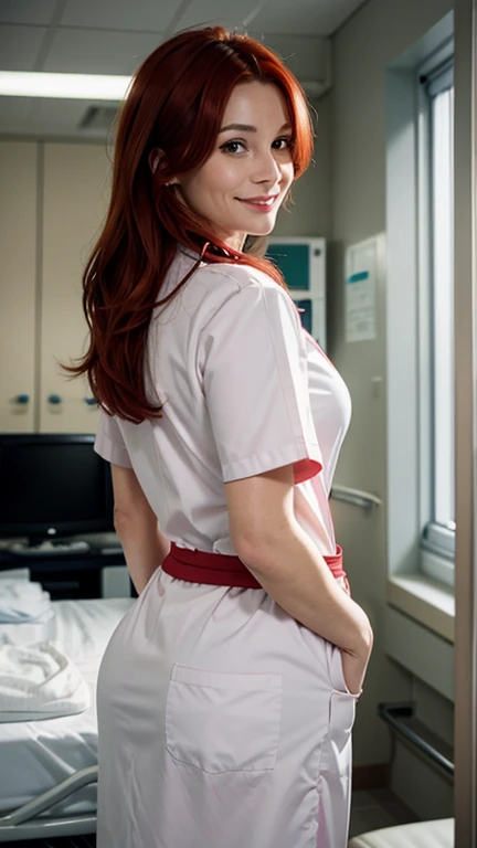  Woman, 40 years old, red hair,  medium sized perky breasts , medium size ass, dressed as a doctor, inside an ICU unit, looking at the observer,  smiling at the observer  