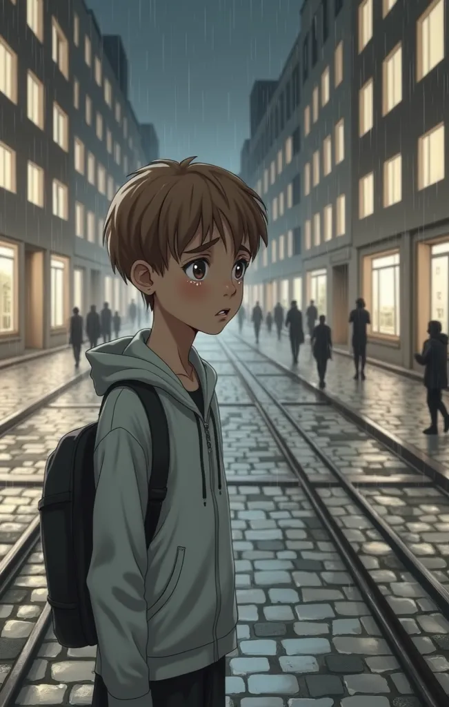 A young boy, likely Caucasian and pre-, is depicted in a city street scene.  He is positioned slightly off-center to the left of the image. The boy is facing forward, looking down and appears distressed or sad. He has short, light brown hair and visible te...