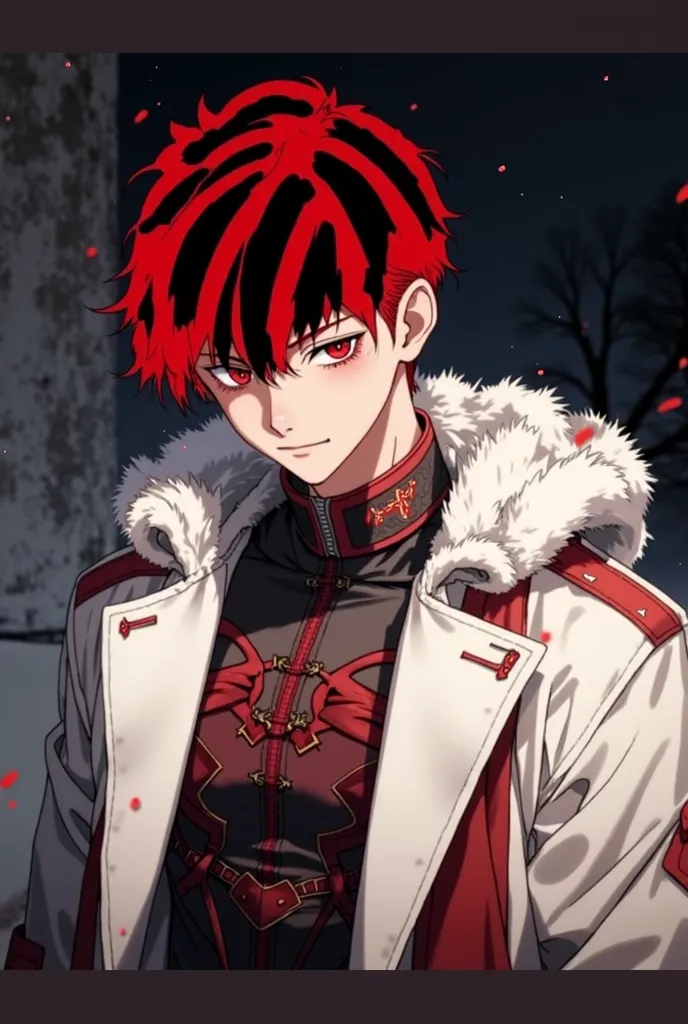 a boy, red wavy short hair, red eyes. thin. kind. wear jacket.  winter. like villain. sad. calm. not have expression. sad smile. crying