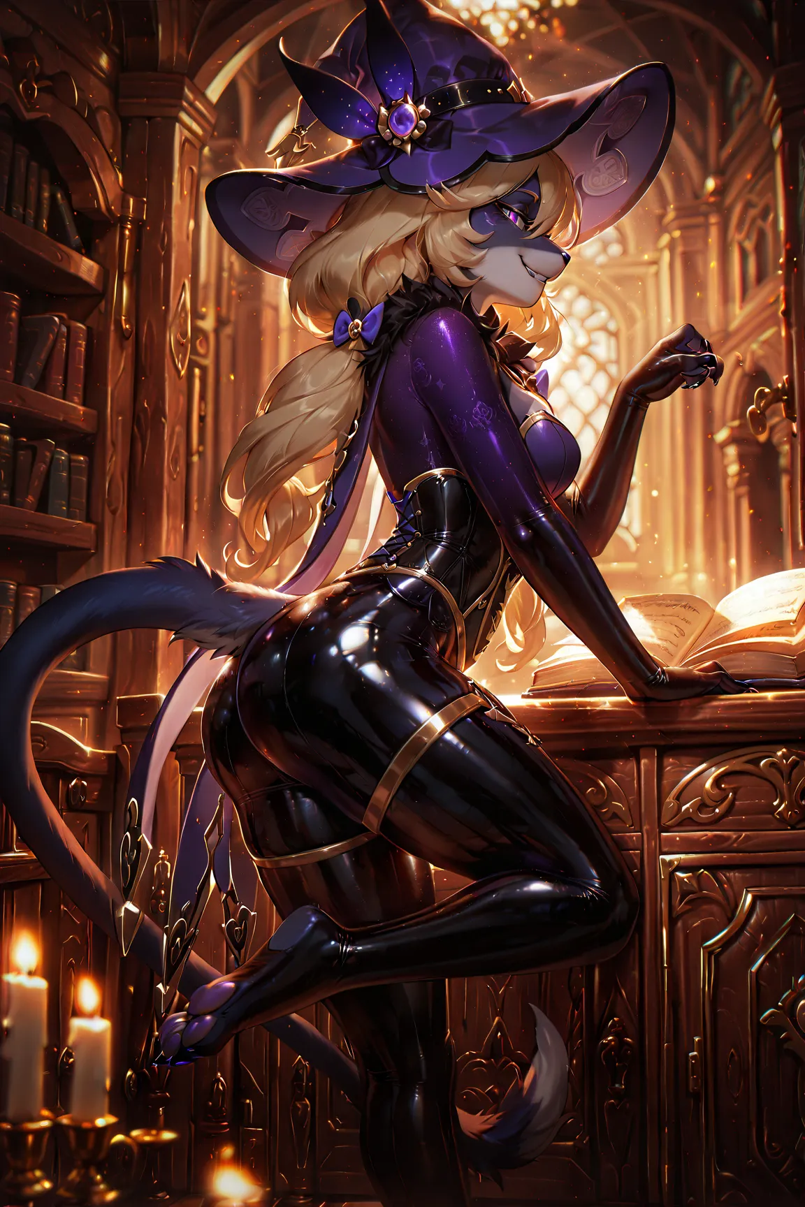 masterpiece, best quality, amazing quality, klskx, nsfw, explicit, 1furry girl, cat futty antro, only furry, anthro, cosplay lisa \(genshin impact\), vat tail, feline, furr, hat, seductive smile, playful expression, latex transparent bodysuit, corset, from...