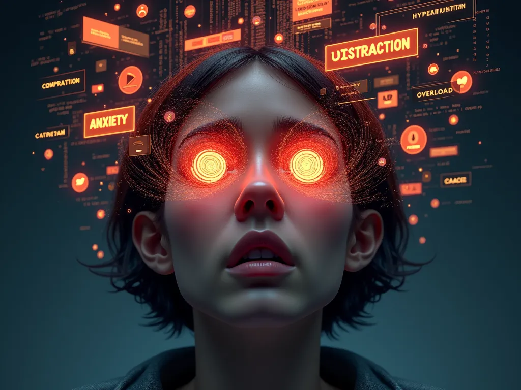 A realistic and futuristic digital illustration of a person staring straight ahead with a deeply exhausted and hypnotized expression. Their face appears visibly drained, with subtle dark circles, slightly furrowed brows, and a distant, unfocused gaze, rein...