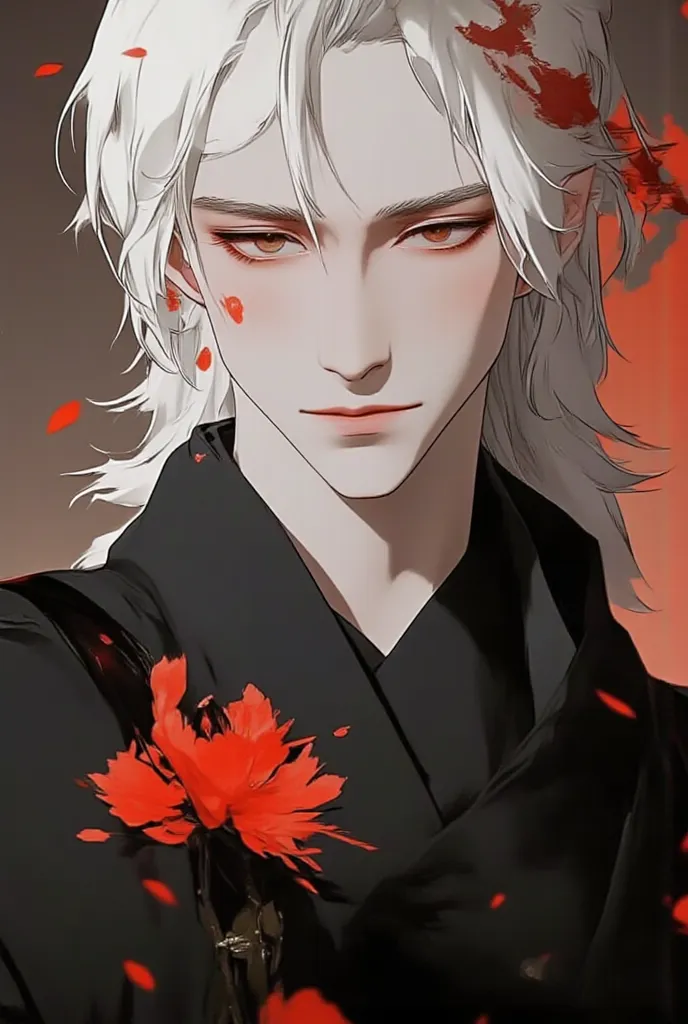 DnD. Full-length concept. young guy with elf ears and pale very dark gray skin. with stitches on his face. with white hair. straight bangs, unusual Japanese haircut of medium length, thick and lush on the cheeks. in the black robes of an assassin. high. wi...