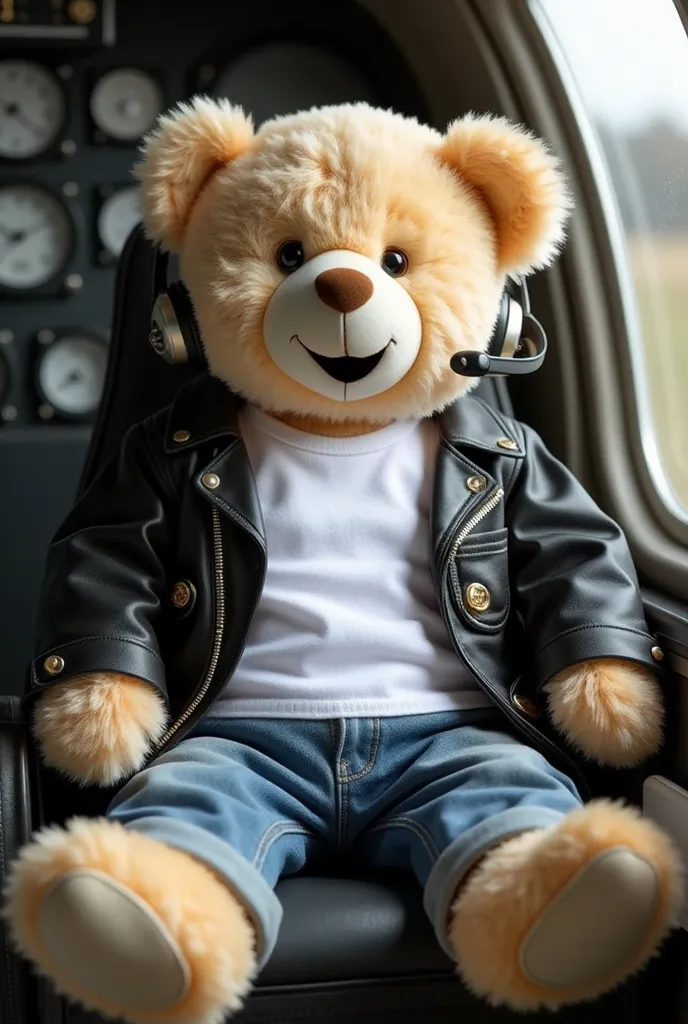 beige teddy bear in a white t-shirt, black leather jacket and jeans with a headset sits inside the helicopter