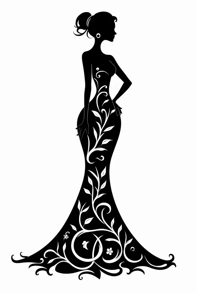 The image shows a silhouette of a woman wearing a long, elegant dress. The dress is intricately designed with swirling, vine-like patterns and leaves, giving it a natural and artistic appearance. The woman's pose is graceful, with one hand on the hip and t...