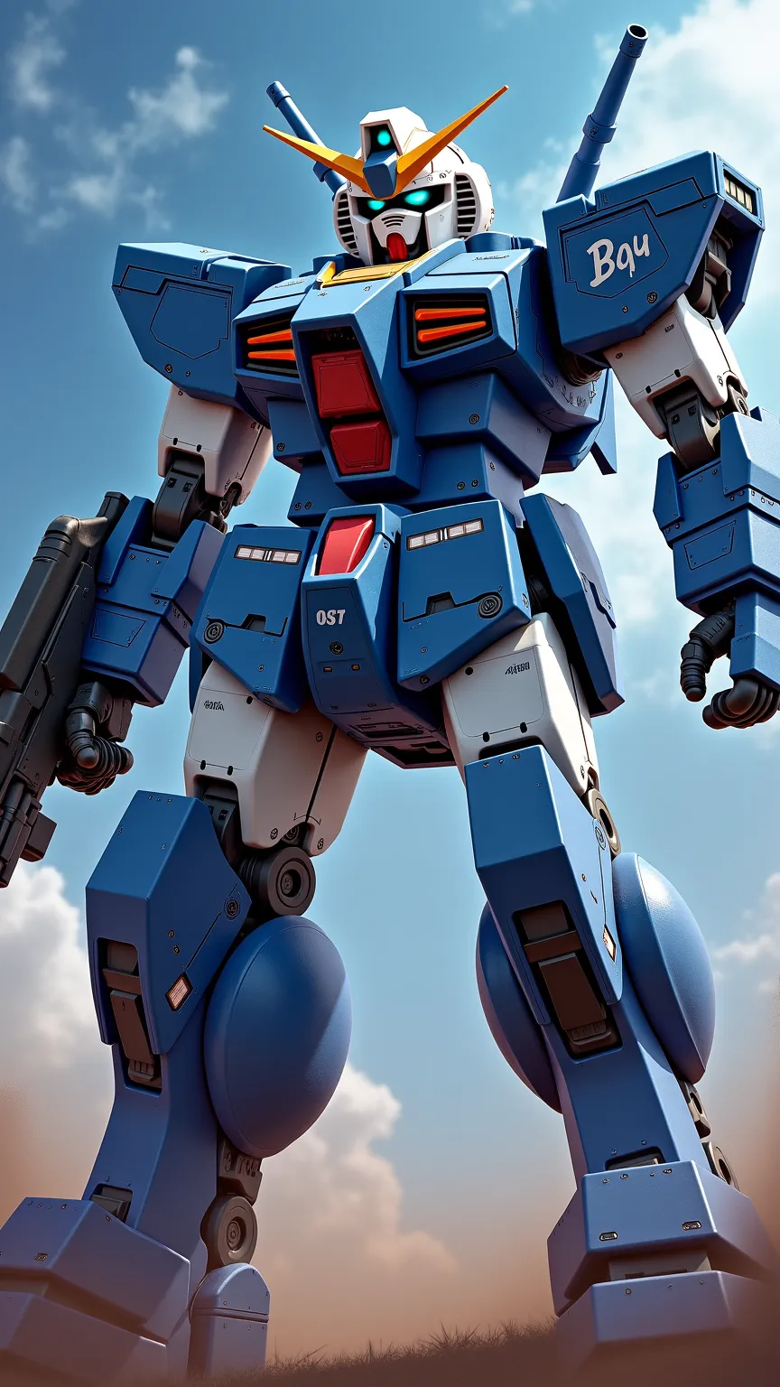 Giant Mobile Fighter ， Strong body  ， Blue and White Sci-Fi Armor Appearance ，armed with energy weapon，Flying in Space ，Hi-tech style  ，metallic luster，mechanical joint， Heavy combat atmosphere，anime style