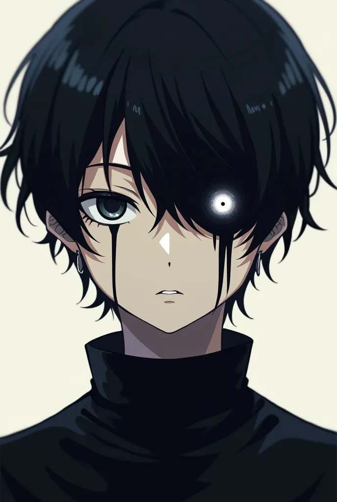 An anime boy with one eye completely black and the other eye white, her hair is black , He has black bands that go down from his eyes to his chin