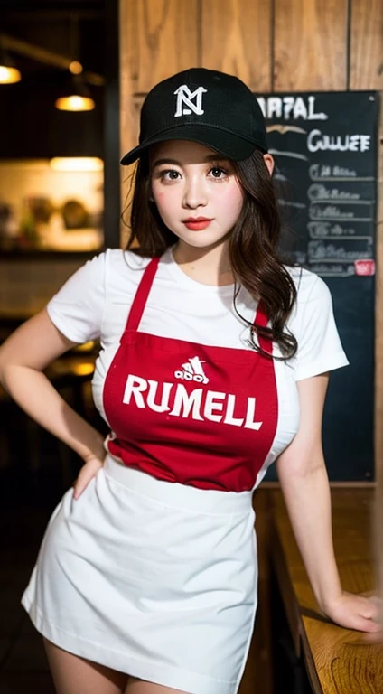 Big Breasts,   ramen shop、t-shirt、miniskirt、、female college students、   Soft Perm、apron、baseball cap