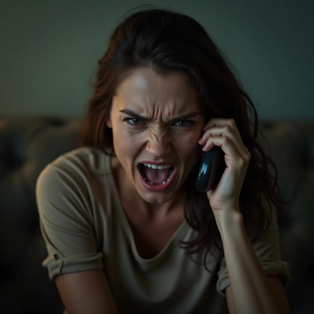 An angry fair-skinned woman sitting on a couch has the phone in her ear 