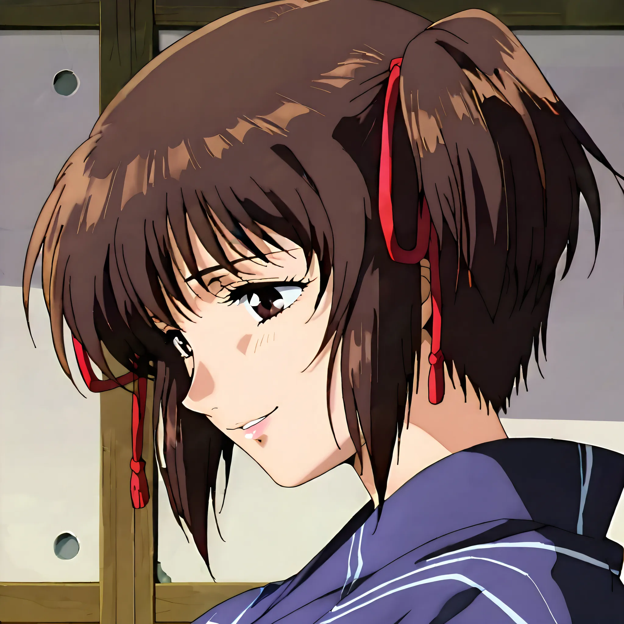 kayo,dark brown eyes,dark brown hair,two side hair,shoulder-length short hair,hair tied thin red ribbons,kimono,yukata,labiomental sulcus,nose shadow,lower lip shadow,masterpiece,best quality,amazing quality,score_9, score_8_up, score_7_up, source_anime,re...