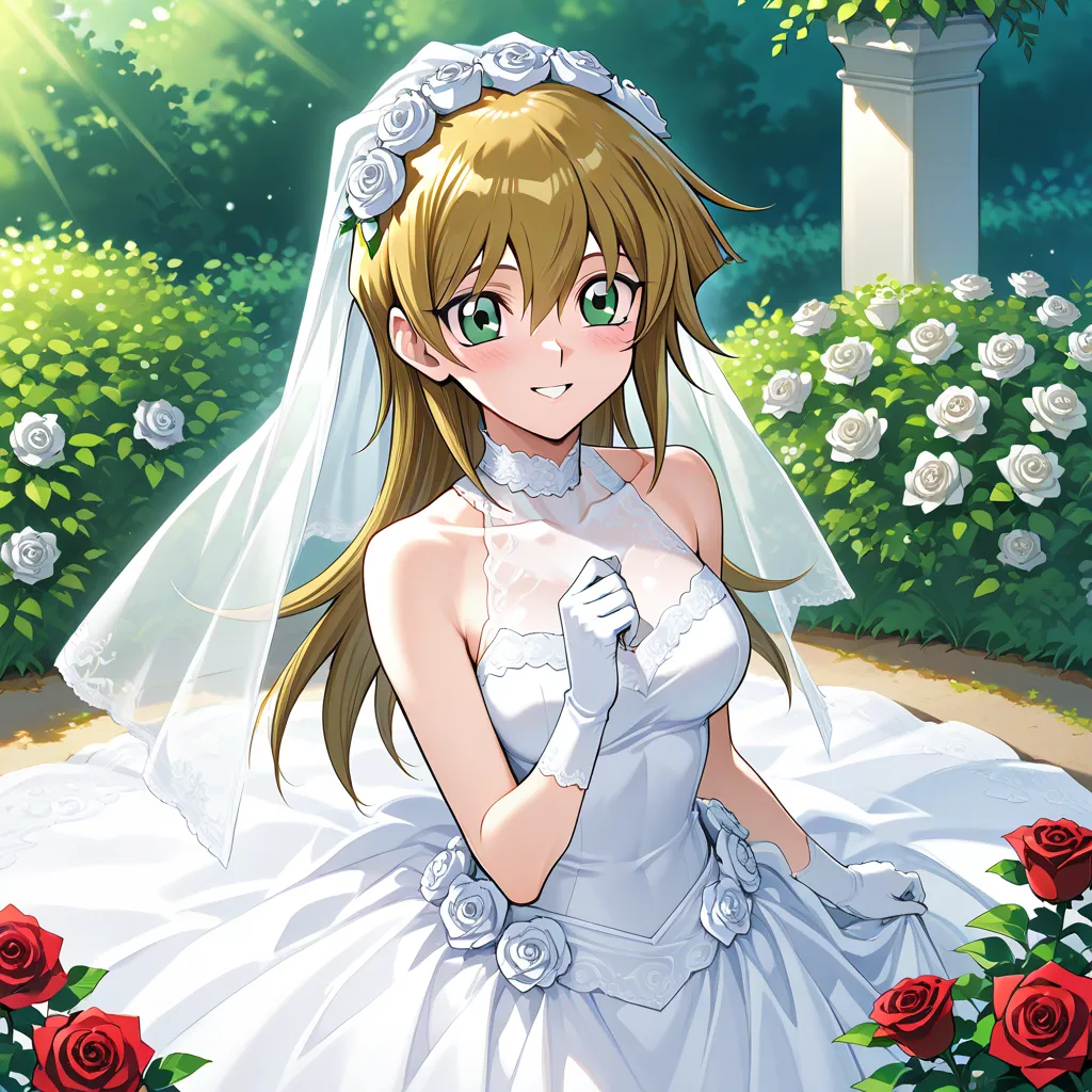 Create an image of Rei Saotone from Yu-Gi-Oh Gx wearing a wedding dress with red roses in her hand, in a garden with white roses while blushing and smiling lovingly and only Rei should appear in the image