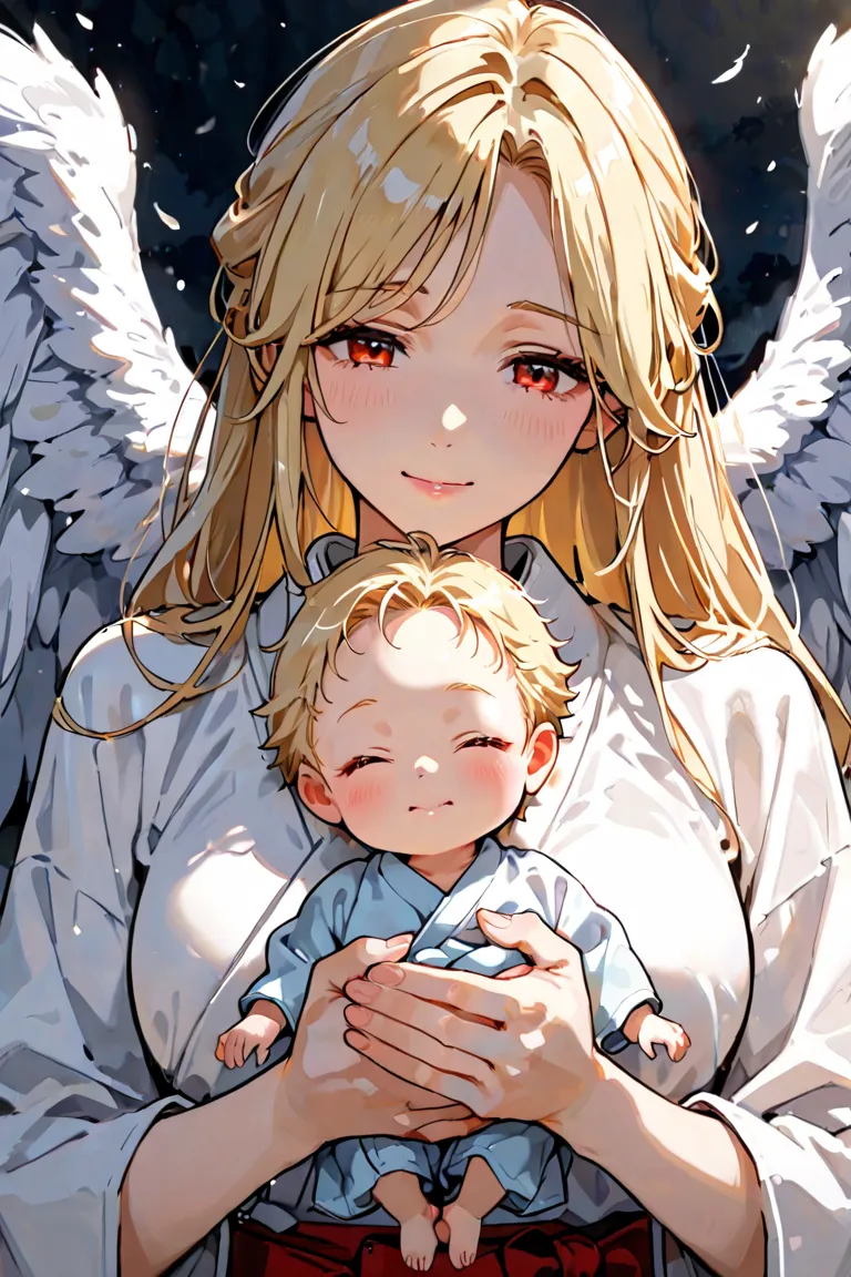 A mother and father with 2 newborn babies, 1girl kitsune, 1boy, fallen angel. 2 blonde babies.