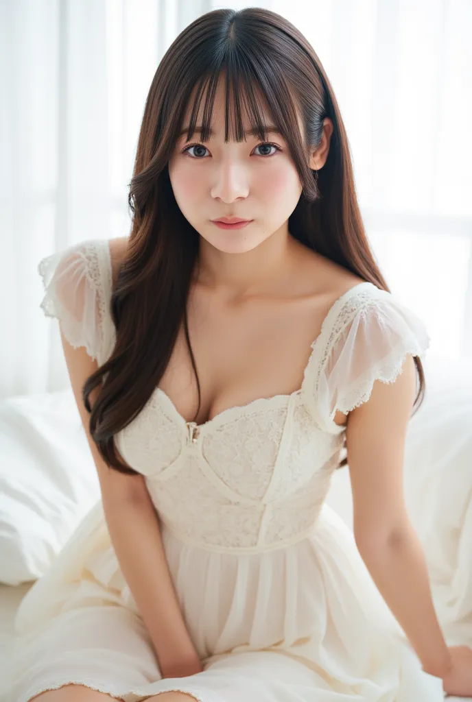 Photorealistic, 8K, soft diffused lighting, 1 girl, long dark-brown hair styled in soft flowing waves. light natural makeup, soft airy bangs frame her face, slightly parted in the middle, revealing her forehead. She gazes directly at the camera with a play...