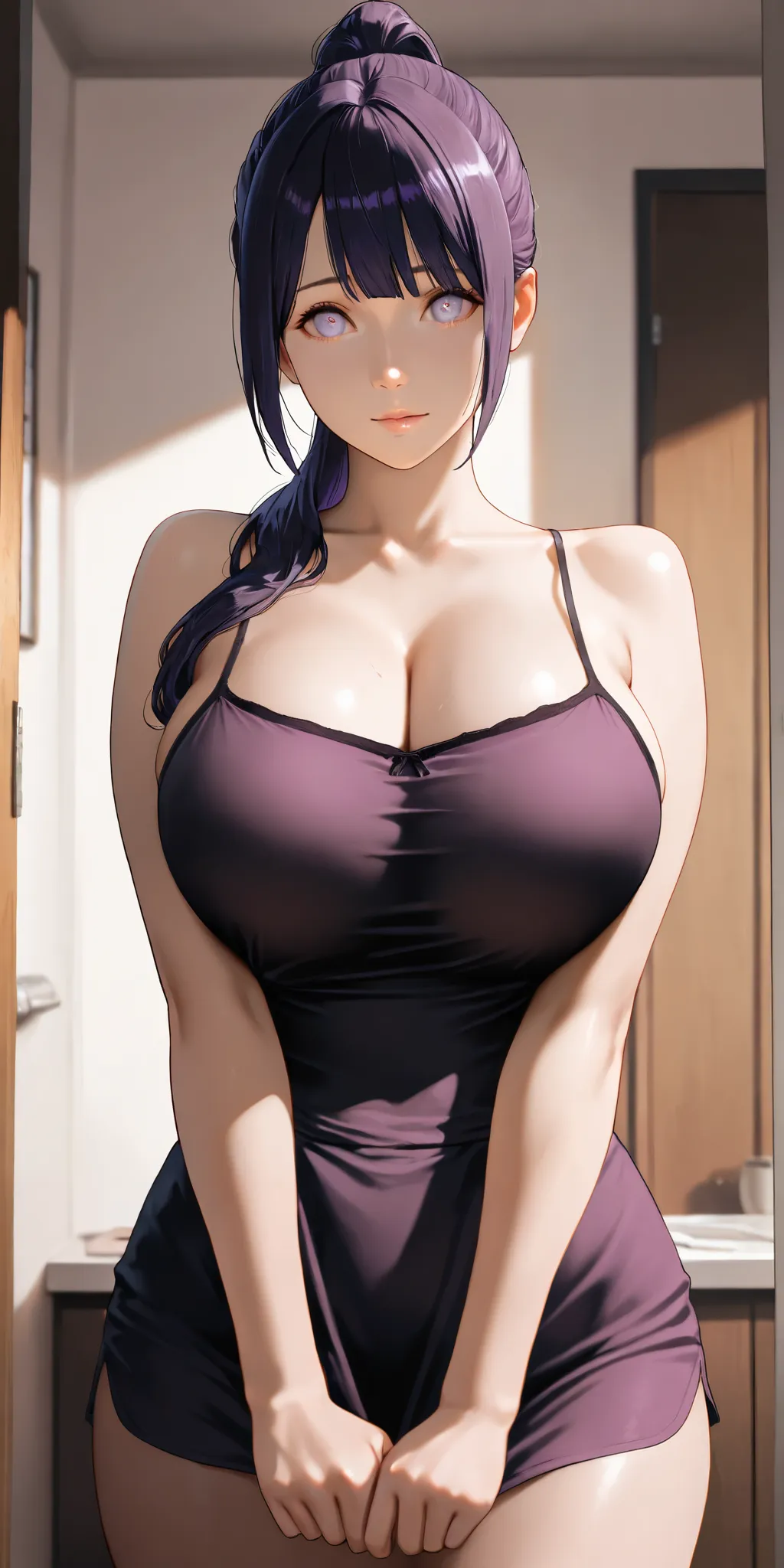 Masterpiece, newest, high contrast, very aesthetic, vibrant, mature female, hinata hyuga, high ponytail long hair, deep purple hair color, white eye color, camisole, perfect breast, upper body, ultra detailed, highres, best quality, home, semrealistic, hin...