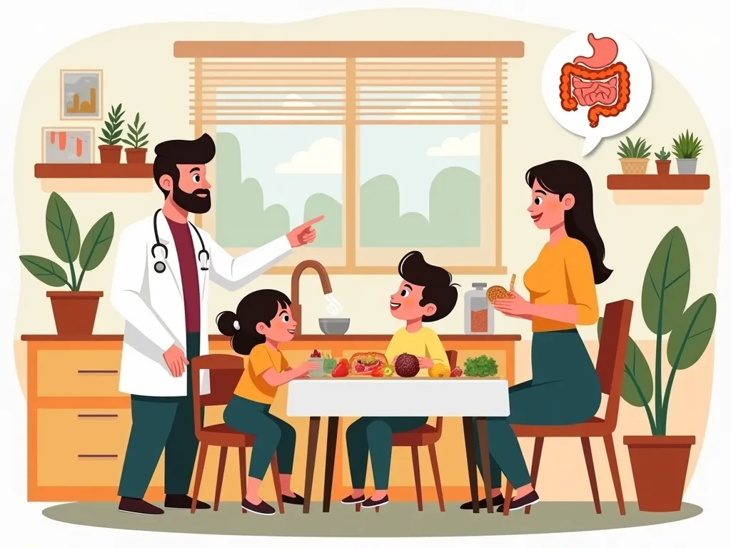 "One educational and detailed illustration about digestive health and constipation prevention. The scene shows a cozy kitchen, where a nutritionist points to a table of fiber-rich foods, while a family (including a  ) shares a healthy meal.  On the side , ...