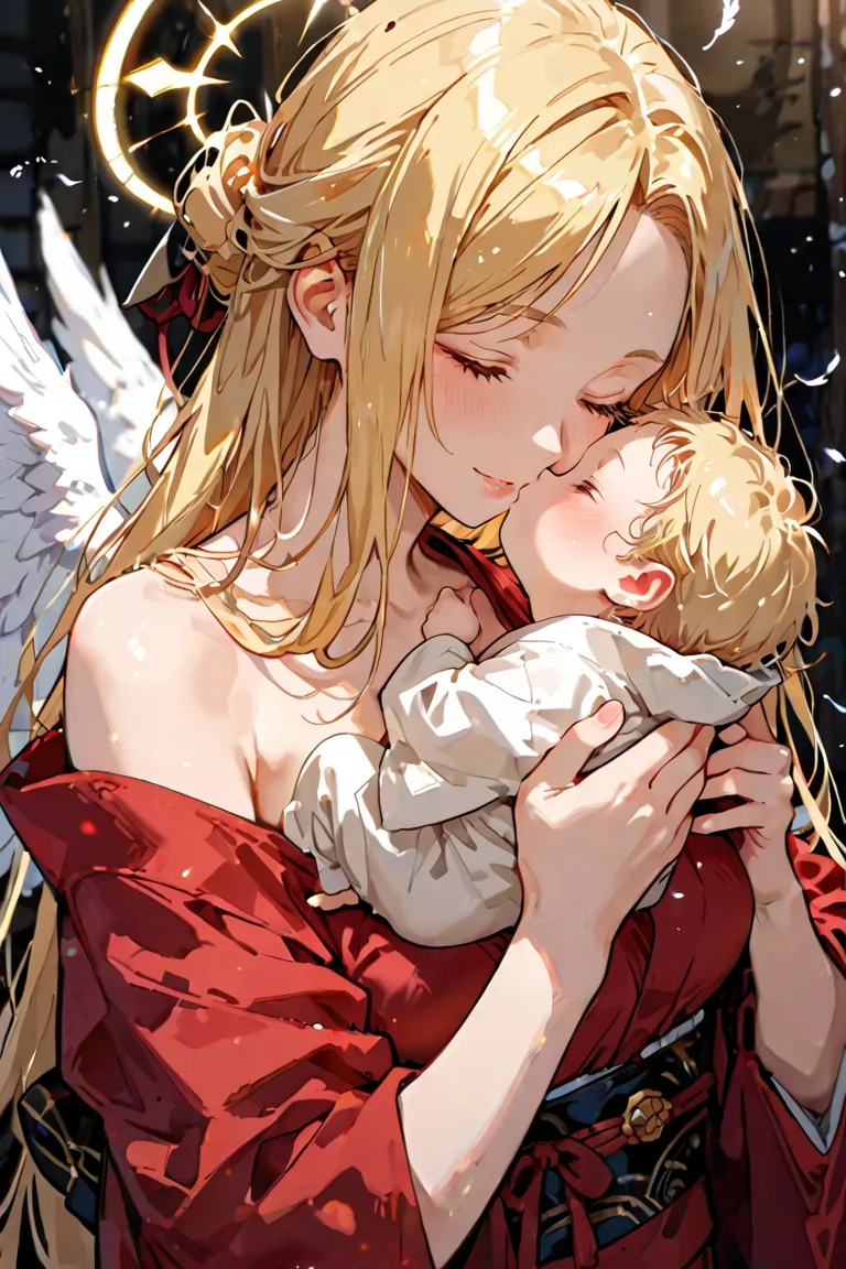 A mother and father with 2 newborn babies, 1girl kitsune, 1boy, fallen angel. 2 blonde babies.