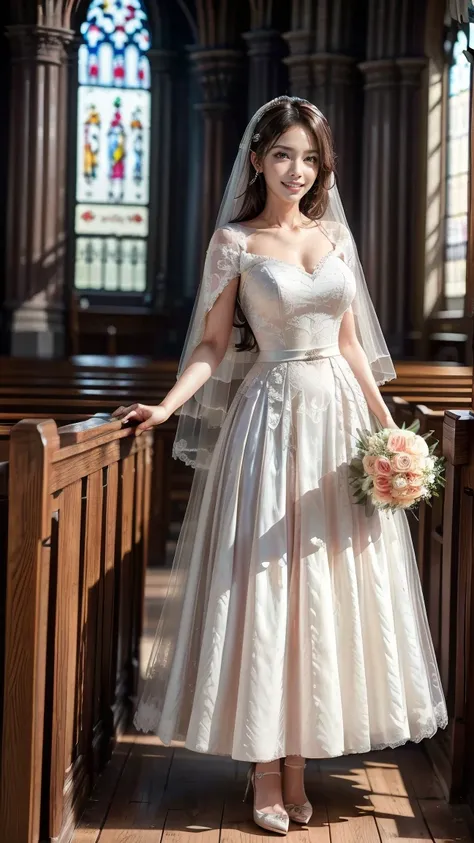 A beautiful young Japanese woman, 26 years old, with healthy thighs, beautiful legs, flawless skin, random hair color and style, large breasts, wearing a (wedding dress:1.3), (she is standing:1.2), full body shot, high heels, holding a bouquet in her hands...