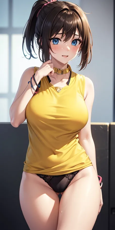    1 female,  high definition,high resolution,     Ultra-realistic     ,8K,bbmazaki   ,   ponytail  ,  , blue eyes,((  yellow shirt)), collar,    sleeveless  , bracelet,  Black underwear,European,sexy,  foreground of the upper torso,    Photographed from t...