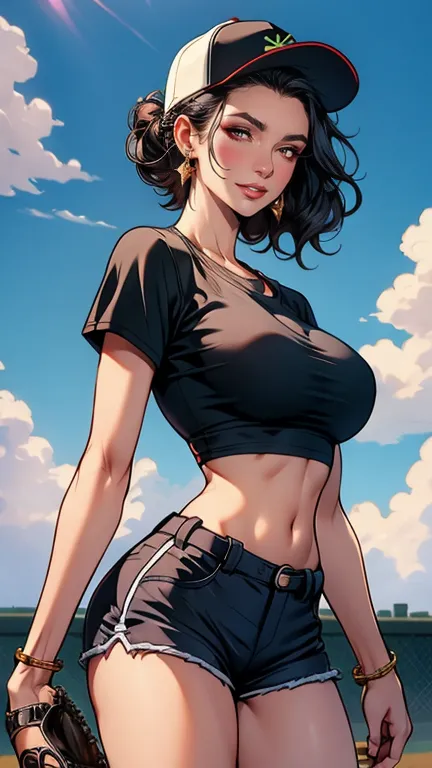 ideal ratio body proportions, perfect anatomy, correct body, earring, large breasts, narrow waist, short hair, black hair, wavy hair, hair behind ear, half updo, hair ornament, looking at viewer, cowboy shot, outdoor, baseball cap, black T-shirt, crop top,...