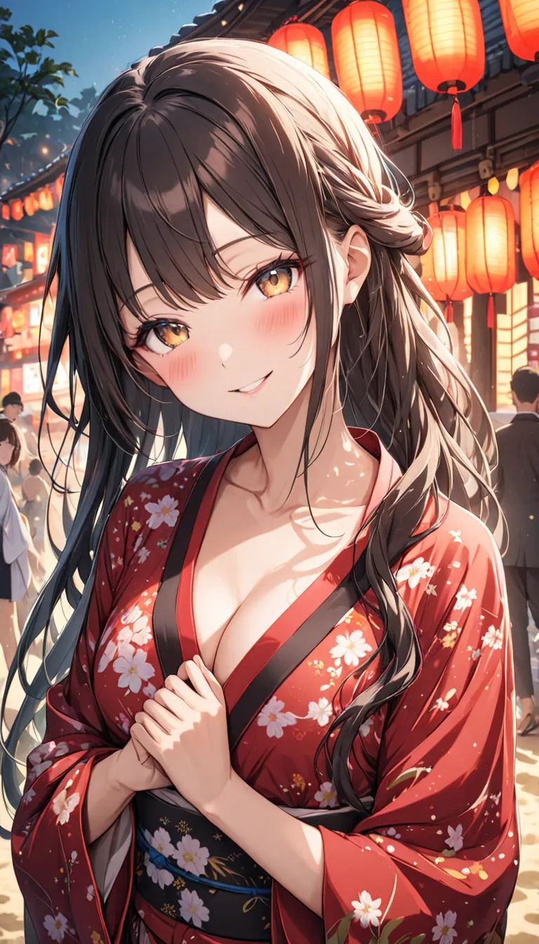 apstyle3 apstyle masterpiece top quality detailed eye masterpiece top quality 1 girl long hair intense flow beautiful background black upper body looking at viewers seductive smile blushing mysterious background in festival yukata sakura seaside