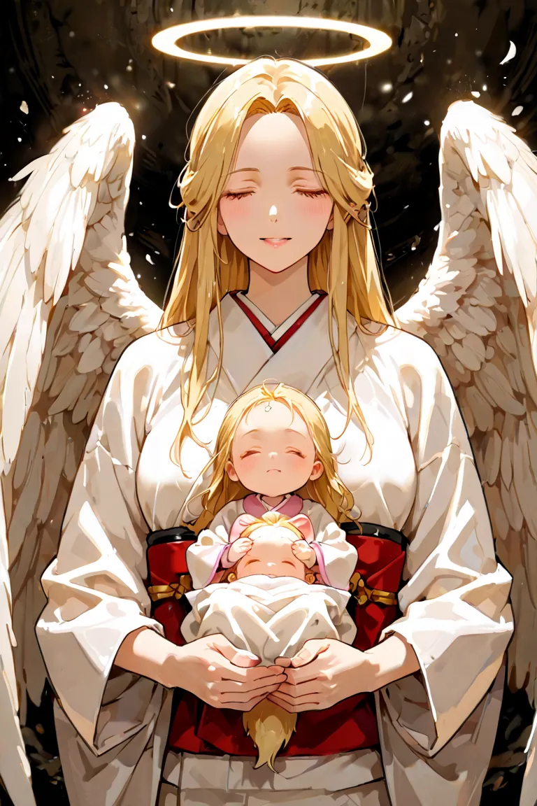 A mother and father with 2 newborn babies, 1girl kitsune, 1boy, fallen angel. 2 blonde babies. 2babies, family, 4family.