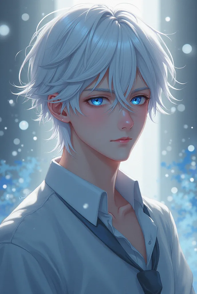 A male anime with White hair and Blue eyes,