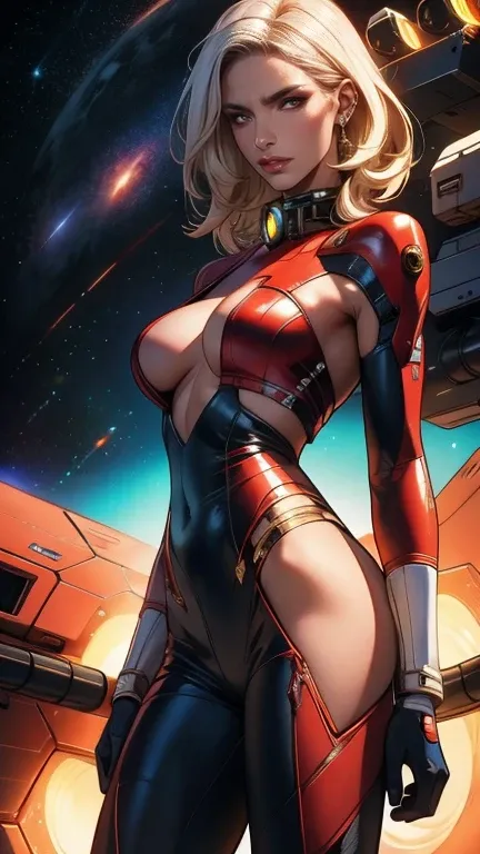 a woman with golden white hair, beautiful detailed eyes, beautiful detailed lips, extremely detailed face, long eyelashes, wearing a matte red space suit, standing in front of a space battleship in a galaxy, (best quality,4k,8k,highres,masterpiece:1.2),ult...