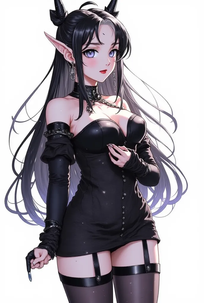 piercing, 1girl, solo, navel_piercing, breasts, pointy_ears, pussy, nipple_piercing, multicolored_hair, nipples, black_hair, thighhighs, tongue_out, tongue, black_nails, blue_eyes, tongue_piercing, artist_name, clothes_lift, looking_at_viewer, long_hair, l...