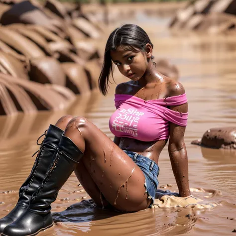 (ultra detailed baby face:1.4), (young Yemeni girl:1.6), (age of 10:1.5), (very huge round firm plump breasts:1.2), (cleavage:1.25), (immature face:1.45), (oily shiny whole skin:0.5), (darkest deep black skin in the world:1.8), (her body is covered with mu...