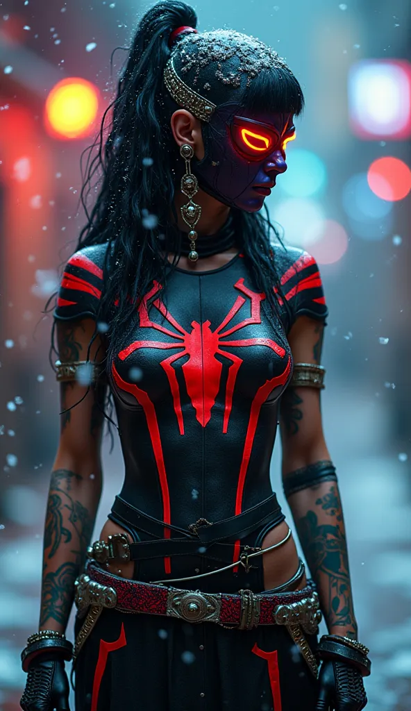 close-up of Cleopatra dressed as a spiderman, with katana, hipster, in the tattoo , full length, cyberpunk 2077, лицо in the tattoo ,  cybernetic, dark angel with wings, in a cyberpunk, Cybergirl , magical beauty, neon, snow falls,  lots of snow, neonовые ...