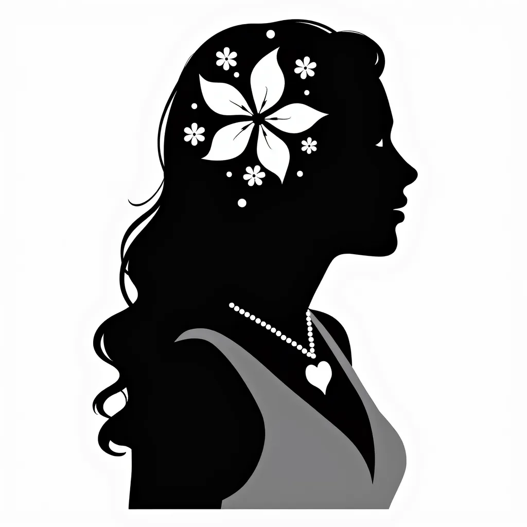 The image is a black and white silhouette of a woman. The woman is depicted in profile, facing to the right. She has long, flowing hair adorned with a large flower and additional floral elements. The woman is wearing a sleeveless dress and a necklace with ...